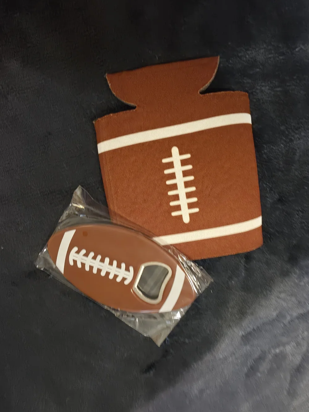 Brown Football-Themed Can Cooler and Bottle Opener Set